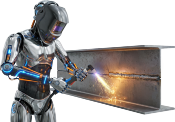 Advanced robotic welder using a welding torch to join metal pieces with bright sparks showcasing cutting edge technology in industrial applications and automation