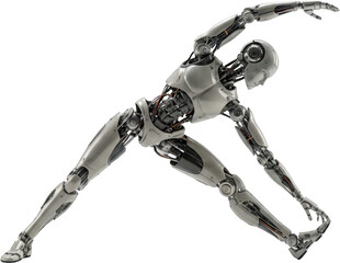 Futuristic humanoid robot in a dynamic stretching pose showcasing advanced mechanical design and agility highlighting the intersection of technology and fitness