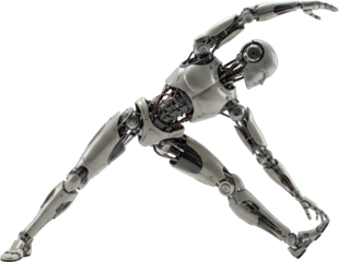 Futuristic humanoid robot in a dynamic stretching pose showcasing advanced mechanical design and agility highlighting the intersection of technology and fitness