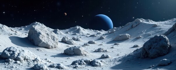 Rugged moon terrain, scattered space rocks, tiny blue Earth , planet, exploration
