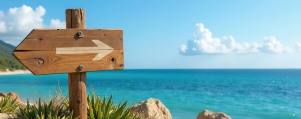 Rustic wooden COAST ROUTE sign with directional arrows pointing left and right , sea, guide, trip