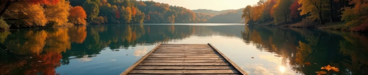 Rustic wooden dock extends over calm autumn lake, colorful leaves , colorful foliage, serene