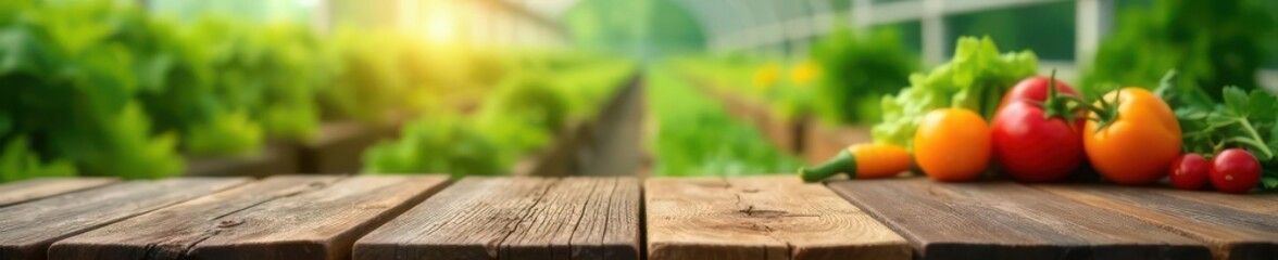 Rustic wooden tabletop, blurred greenhouse backdrop, fresh produce , plants, wooden table, farmhouse