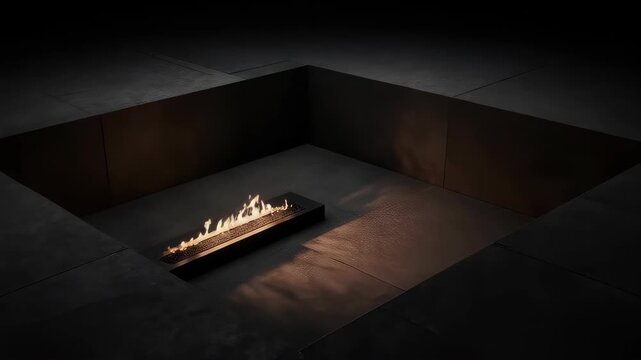 Fire in dark geometric space, minimalist design with contrasting light and shadow