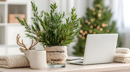 A modern minimalist home office features simple furniture in a calm atmosphere