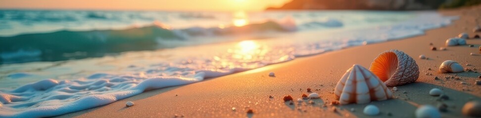 Shimmering sunrise reflects on gentle waves; seashells adorn the sandy shore , travel, shore, relaxing