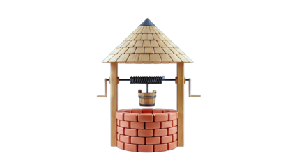 Wishing Well with Bucket and Roof on White Background