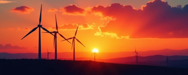 Silhouetted wind turbines at sunset, blades still , wind farm, rotation