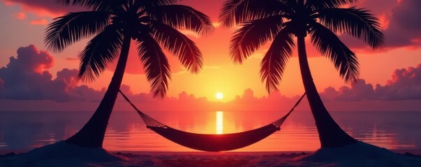 Silhouette of hammock between two palm trees at sunset, holiday, graphic