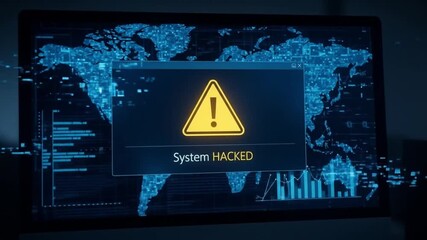 System Hacked Alert on Computer Screen with World Map. - Powered by Adobe