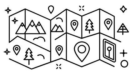 Detailed map illustration featuring mountains trees location markers and geometric shapes in black and white