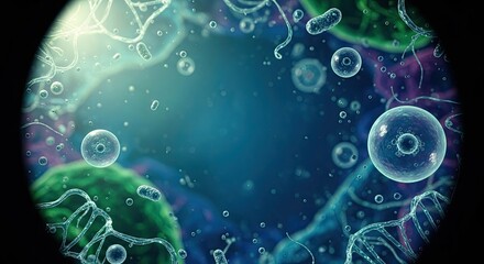 Microscopic view of bacteria and viruses in a biological environment.