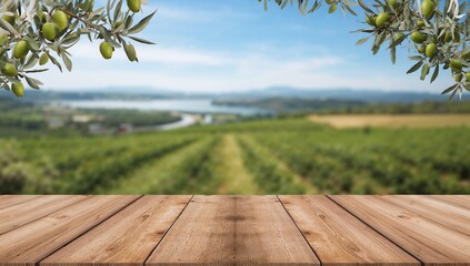 Fototapeta premium Rustic wooden table with fresh olive branches overlooking a beautiful blurred vineyard landscape