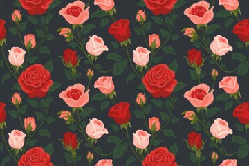 Seamless botanical pattern of red and pink roses on dark grey