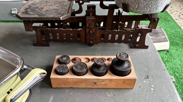 An Old-fashioned Balance Scale With Metal Weights Laid Out in a Wooden Holder - Zoom In Shot