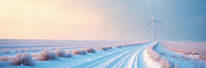Snow dusted field, lone windmill, vast snowy expanse , white, open