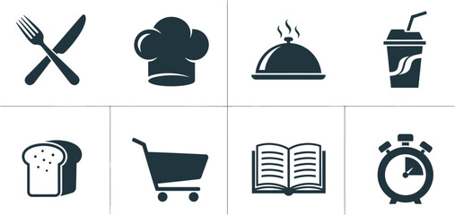 Collection of simple dark blue icons representing food shopping and time management