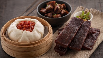 A delightful spread of traditional asian delicacies featuring steamed bun, savory jerky, and braised meat