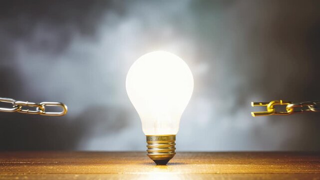 Light bulb glowing with chain wooden surface symbolizing intellectual property rights, innovation, idea protection, and creativity&mdash;Glowing light bulb breaking metal chain for intellectual property