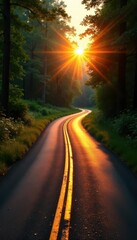 Sun-drenched asphalt ribbon cuts through verdant woods at sunset , travel, stock