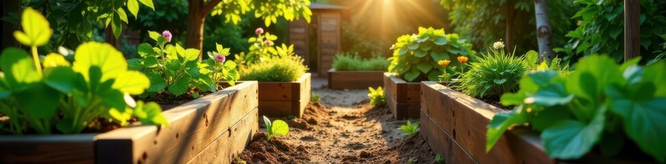 Sun-drenched community garden, wooden raised beds , sunlight, serenity