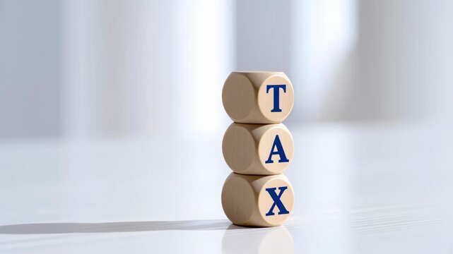 Tax season finance accounting business money audit calculation deadline paperwork document economy budget modern office scene wooden blocks stacked vertically spelling tax with soft light and calm