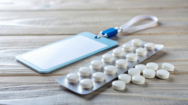 Urology problem concept with white tablet medication blister pack, blank identification badge, and wooden table healthcare hospital clinic workplace for medical treatment and professional environment