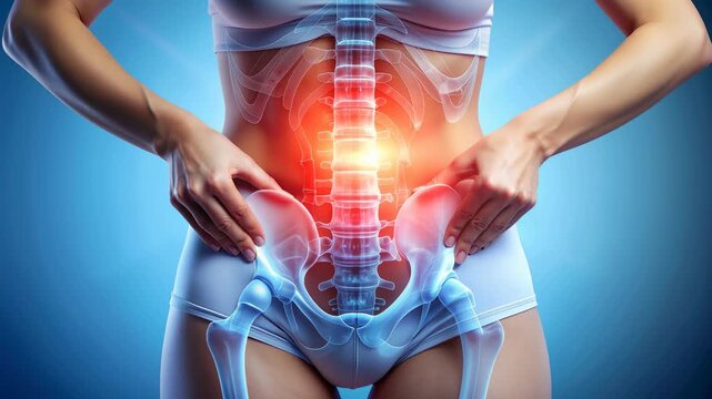 Lower back pain, spine, pelvis, and hip discomfort female anatomy highlighted with glowing area indicating bone and joint pain or inflammation, medical health concept showing urinary system, kidney