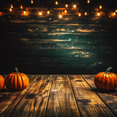 Autumn Pumpkins on Rustic Wooden Table with Warm Bokeh Lights Background