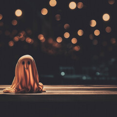 Cute Ghost Figurine on Wooden Table with Warm Bokeh Lights at Night