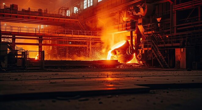 A steel mill with molten metal pouring out of a ladle into a furnace.