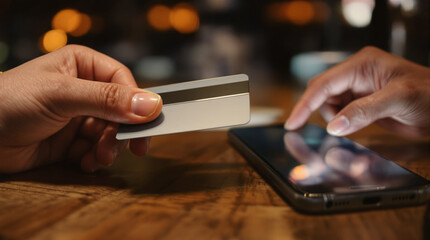 Hands Using Credit Card and Smartphone for Online Payment.