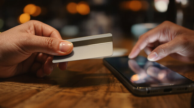Hands Using Credit Card and Smartphone for Online Payment. - Powered by Adobe
