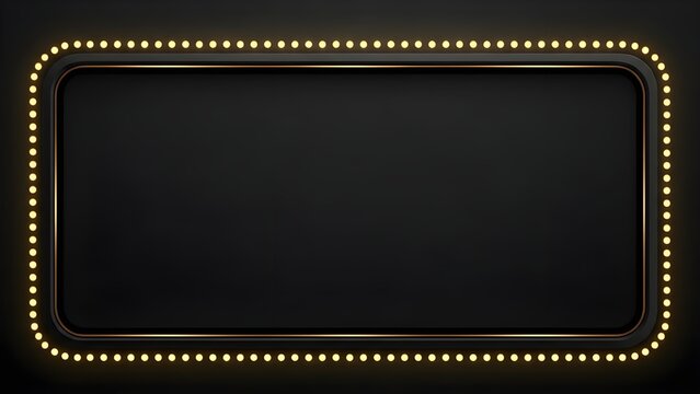 Blank Black Marquee Sign Board Frame with Glowing Golden Lights 3D Render