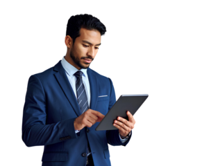 Young businessman in suit holding tablet and laptop in office smiling