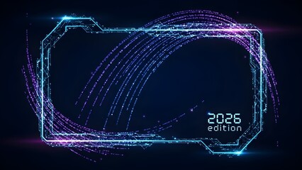 Abstract Glowing Futuristic Digital Frame with Particle Trails and '2026 edition' Text