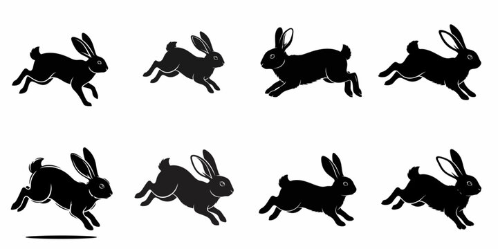 Set of running rabbit black silhouettes and hares, vector illustrations for design, logo, speed, and Easter themes on white.