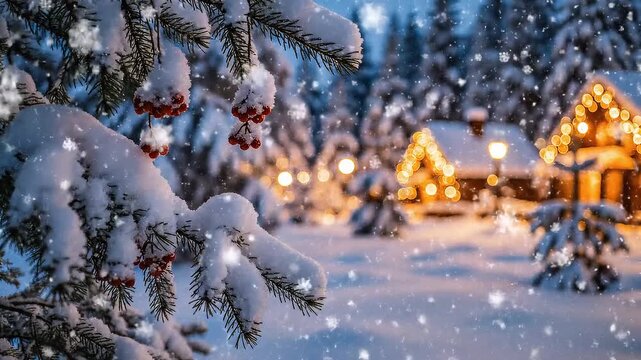 Winter landscape snowy scene with illuminated buildings and pine trees