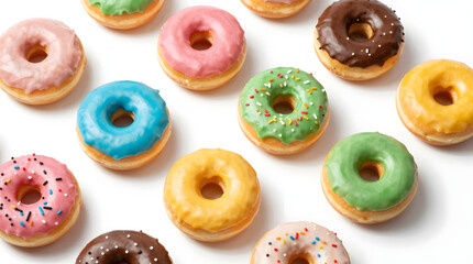 Delicious fresh chocolate and sugar donuts isolated on a white background for a sweet bakery breakfast snack