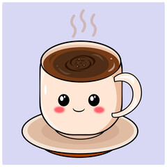 Cute Kawaii Hot Black Coffee Cup Character Vector