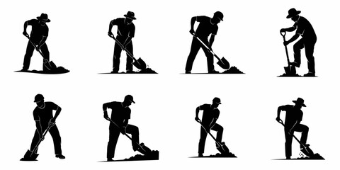 Vector silhouettes set of manual laborers or farmers digging with shovels, isolated on white background.