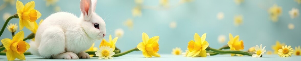 White paper lanterns, fluffy bunny, daffodils flatlay, bunny, flatlay