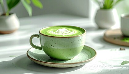 Aesthetic Matcha Latte with Perfect Heart Latte Art: Close-up of Green Drink in a Ceramic Mug, Capturing a Cozy Cafe Atmosphere with Natural Daylight