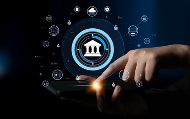 A global FinTech and digital banking network technology concept. A central financial system connected to the worldwide digital economy and services. Motif