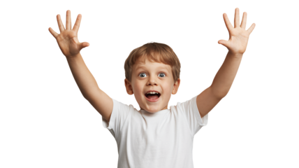 Cheerful child celebrating with arms raised in excitement