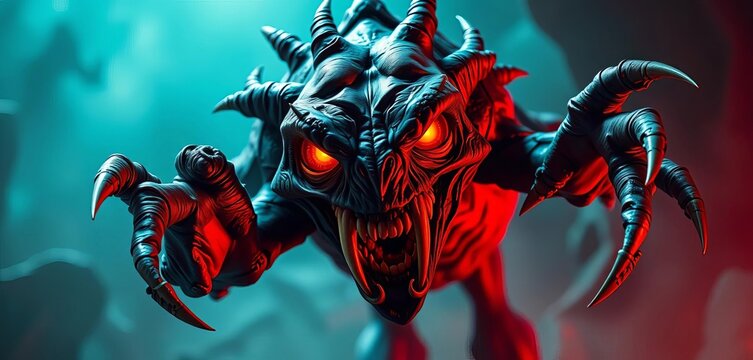 Frightening grotesque creature with sharp claws and glowing eyes, scary, monster