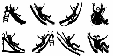 Black silhouette vector set of boys sliding down playground equipment, expressing joy and freedom while playing outdoors. © Nadya
