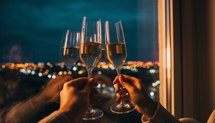 Friends clinking sparkling champagne glasses, celebrating success and joy with a beautiful city nightscape in the background