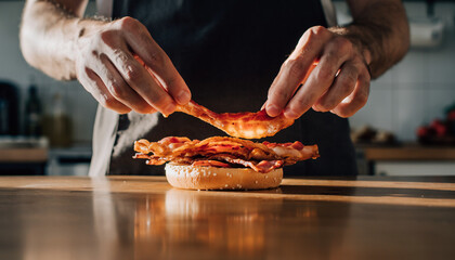 Preparing a delicious breakfast sandwich with crispy bacon and a toasted bun