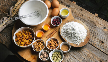 Overhead view of fresh baking ingredients fruitcake artfully arranged on a rustic wooden table, ready for delicious homemade creations